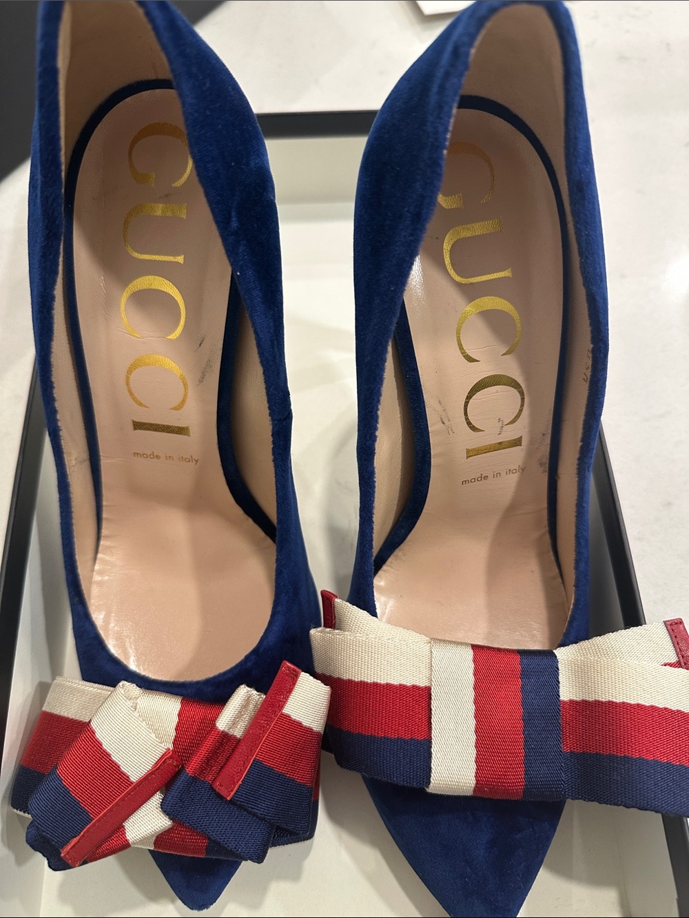 Gucci Blue Suede Pointed-Toe Pumps with Red, White & Blue Bow